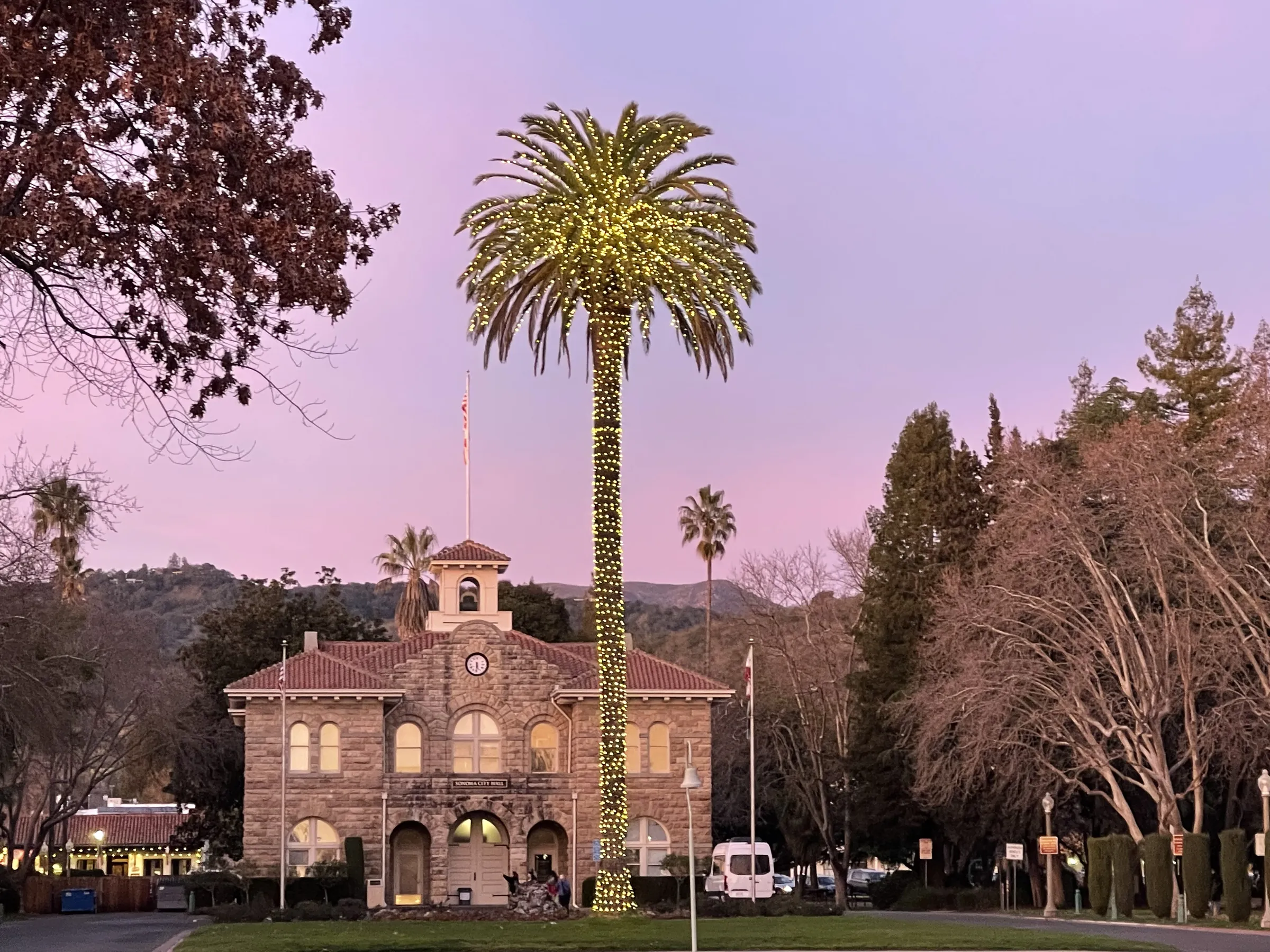Sonoma City Hall on the plaza at dusk