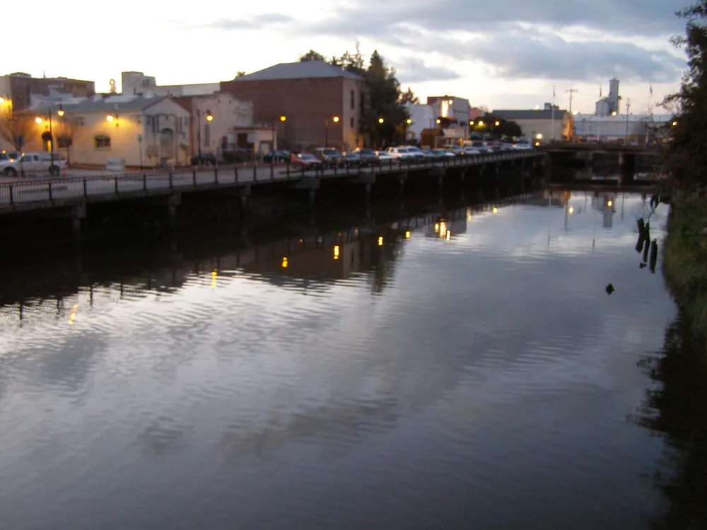 The Petaluma River and downtown riverfront at dusk